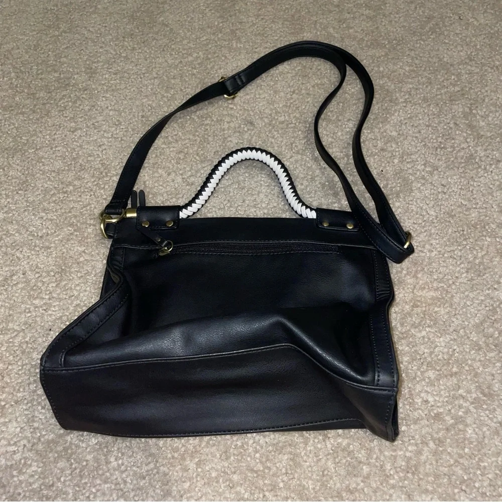 Relic by Fossil Black Faux Leather Satchel Crossbody Bag‎ Braided Handle Brass